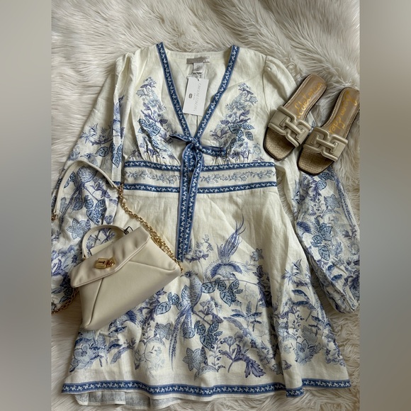 NWOT Caroline Constas Blue & White linen blend Tie Front Bell Sleeve Mini Dress - Picture 8 of 16